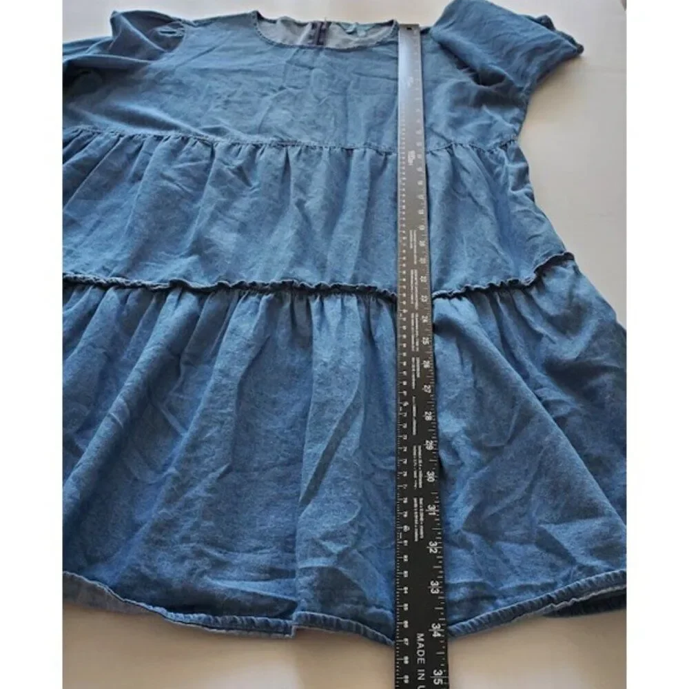 Draper James Tiered Blue Chambray Dress Cotton Mini Women Sz L Cottagecore - Picture 6 of 8